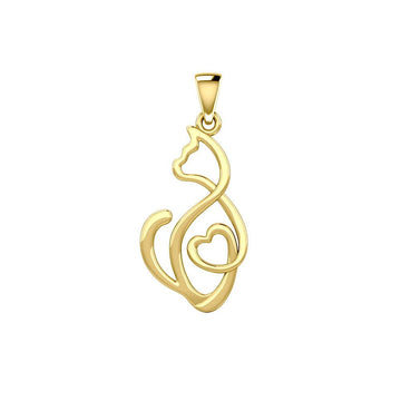 Running Cat with Heart 14K Yellow Gold Pendant GPD5280 - Jewelry